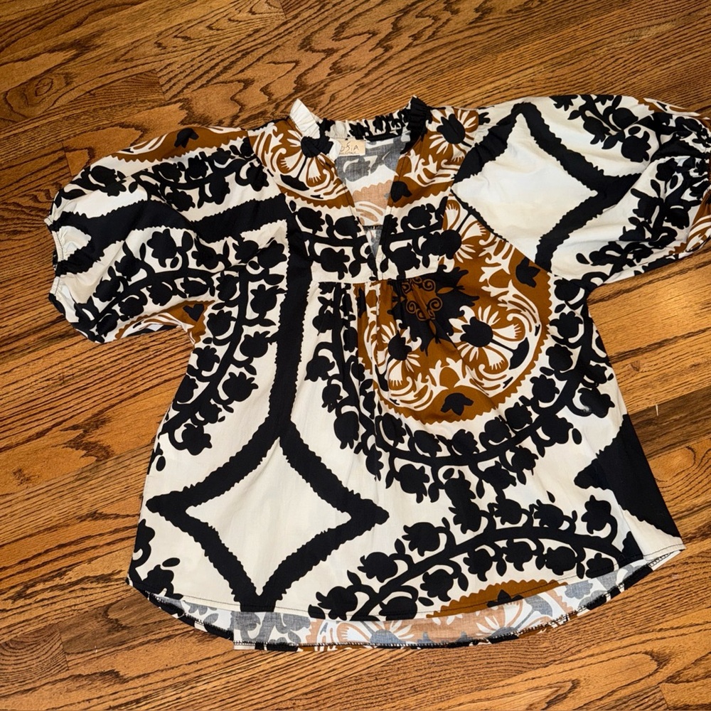 SOFIA Made In Italy Blouse SZ L  Boho Puff Sleeves Ruffle Neck Bust 42